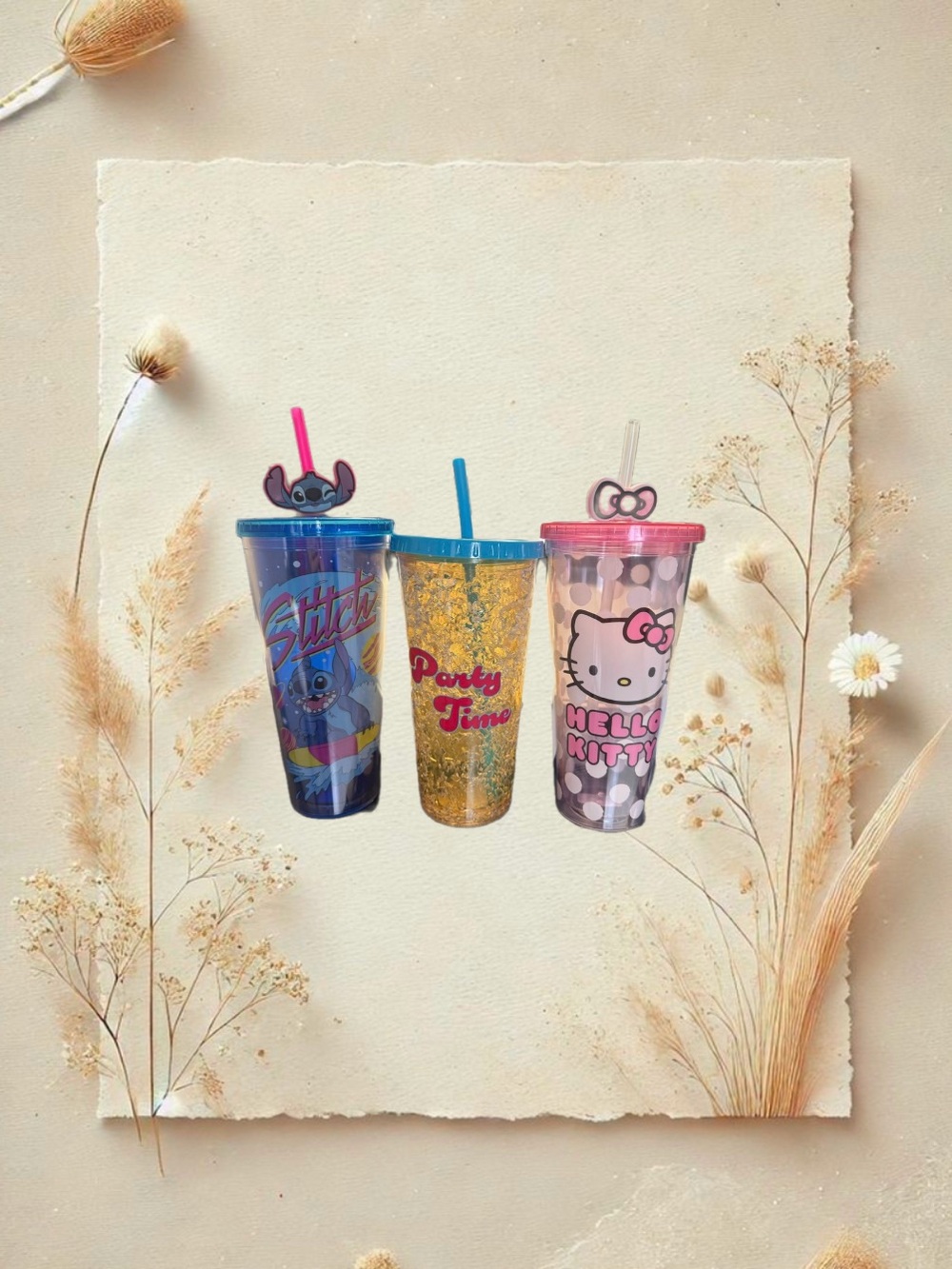 3 Children’s Tumblers Bundle- 1 Stitch, 1 Hello Kitty, 1 “Party Time”